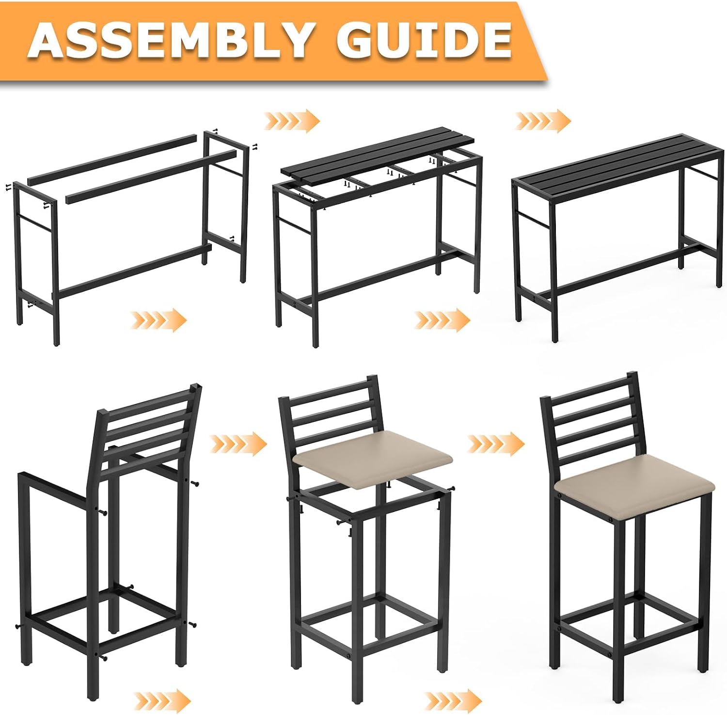 5 Piece Outdoor Patio Bar Set, 54.7' Rectangular Counter Height High Top Bar Tables, 4 Cushioned 41' Bar Stools, Metal Bar Table and Chairs Set for Poolside, Balcony, Backyard, Porch