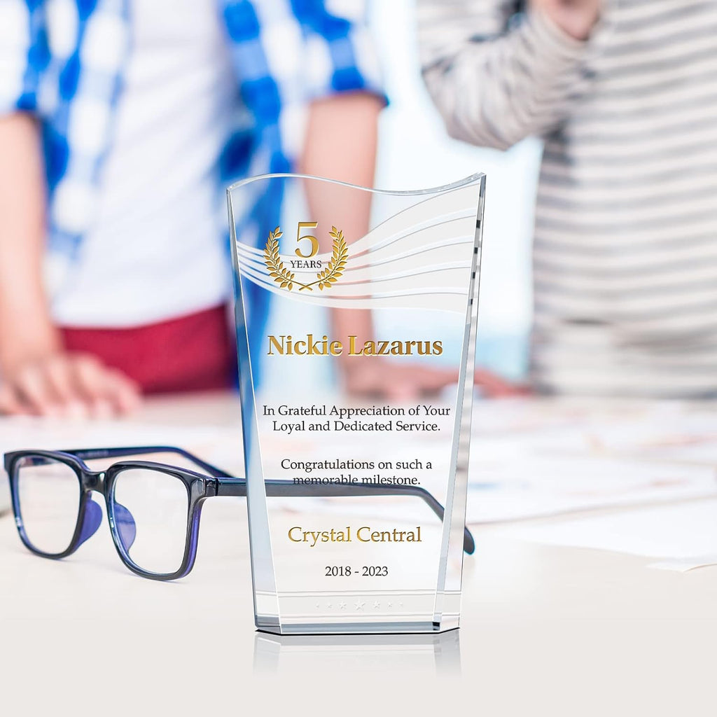 Custom Crystal Employee 5, 10, 15, 20, 30 Years Services Awards and Trophies, Personalized Engraved with Your own Loyalty Recognition Award Message (Crystal Wave Service Award Plaque)