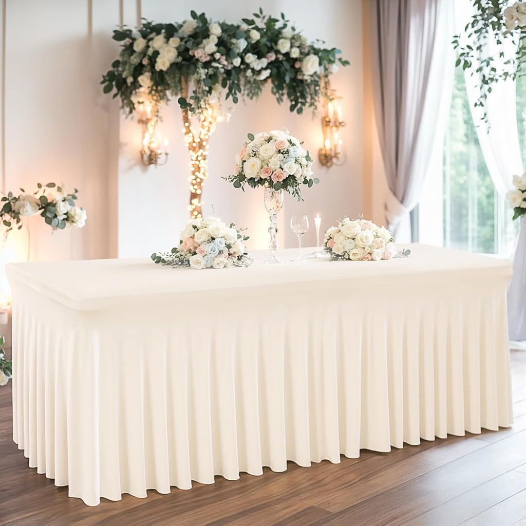 Shillance Ivory Spandex Table Covers 8ft, 6 Packs Fitted Table Covers for 8 Foot Tables Stretch Spandex Table Skirts Rectangle Tables for Event, Wedding, Banquet & Parties