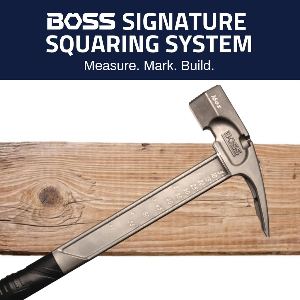 Boss Hammer 16 oz. Pro Series Titanium Hammer with Over-Molded No-Slip Rubber Grip - Construction Grade, Dual Side Nail Pullers, Milled Face - Made in the USA - BH16TIM