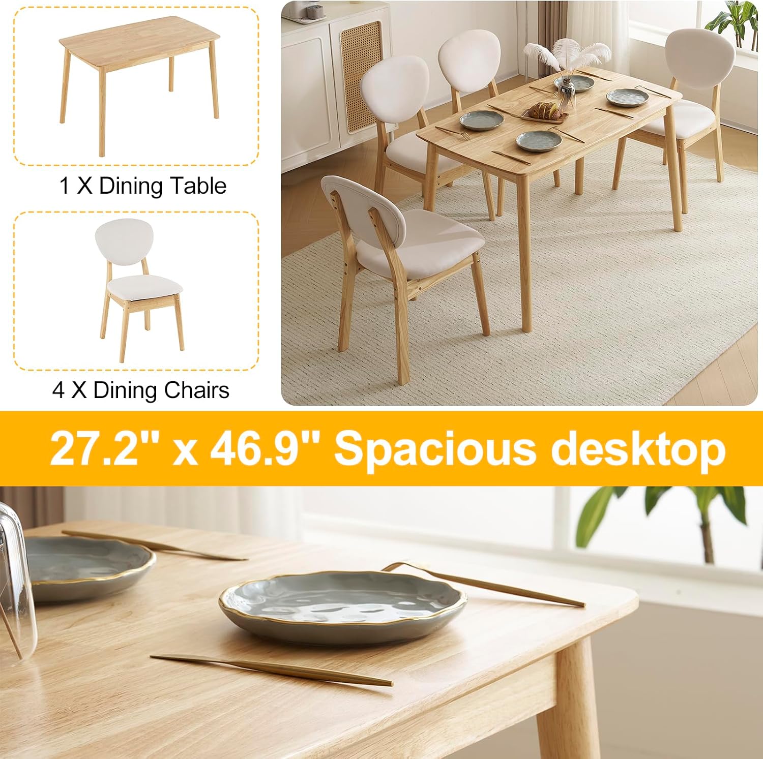 Karl home Mid-Century Modern 5-Piece Wood Dining Table Set for 4, Compact Mid-Century Modern Kitchen Table and Chairs for Kitchen/Small Apartment/Dining Room, Padded Seats & Backrests (Nature)