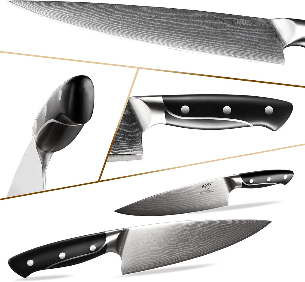 18 Pieces Damascus Kitchen Knife Set, 8 Piece Steak Knives, Non-slip ABS Ergonomic Triple Rivet Handle for Meat Fork, Knife Sharpener and Shears, 17 Slots Wooden Knife Block