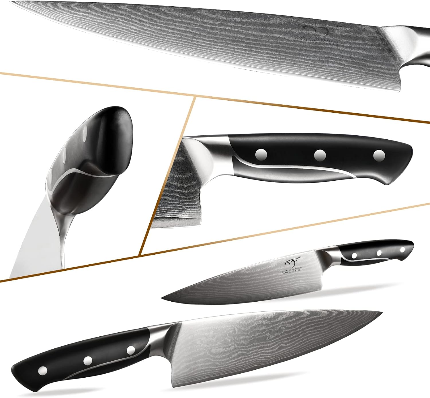 18 Pieces Damascus Kitchen Knife Set, 8 Piece Steak Knives, Non-slip ABS Ergonomic Triple Rivet Handle for Meat Fork, Knife Sharpener and Shears, 17 Slots Wooden Knife Block