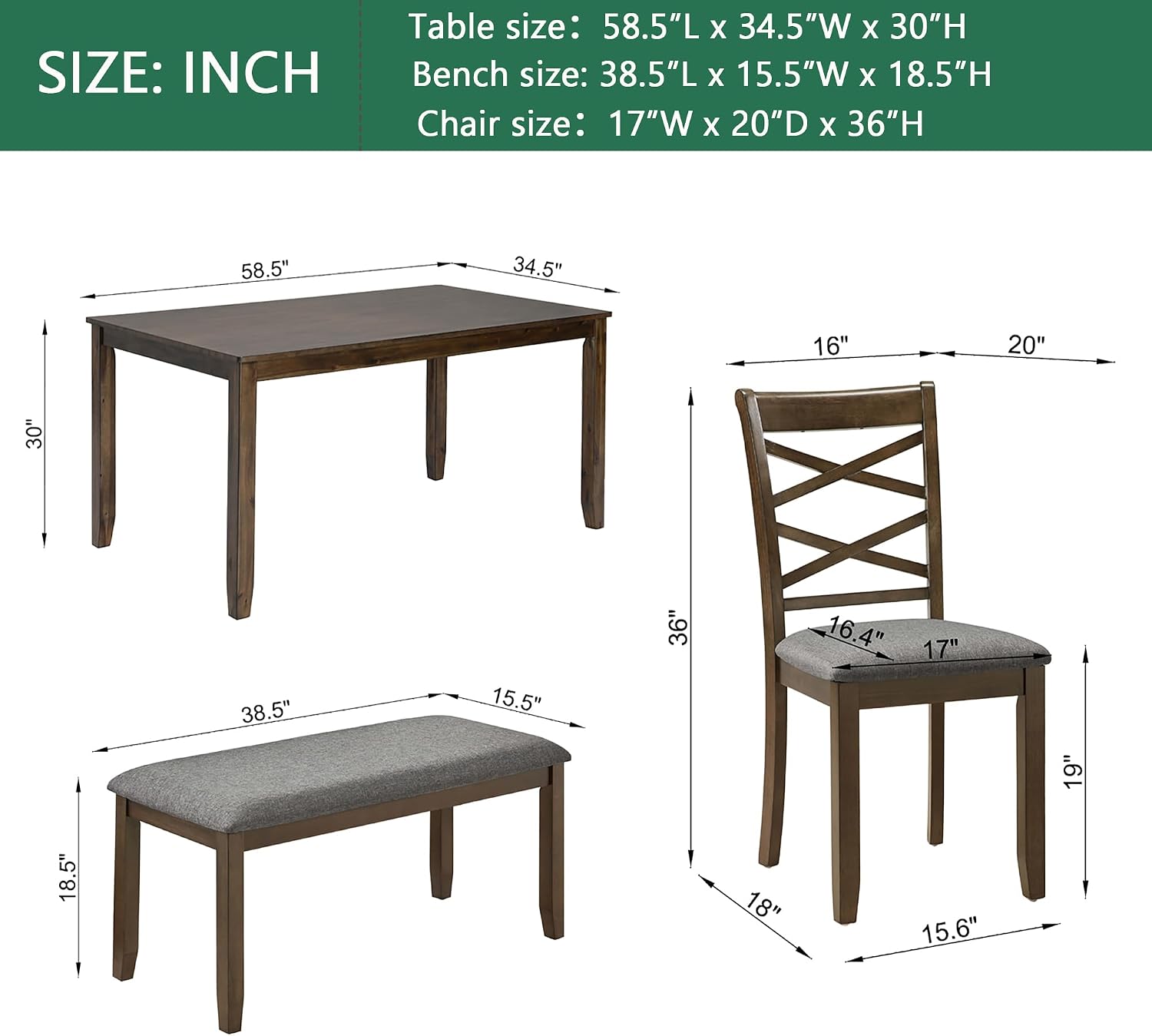 KEIKI 6-Piece Standard Height Dining Table Set with Rectangular Table, 4 Upholstered Cross Backrset Chair, Bench, for 6 Person, Modern Style Table Set, Easy Assembly, for Kitchen, Dining Room, Walnut