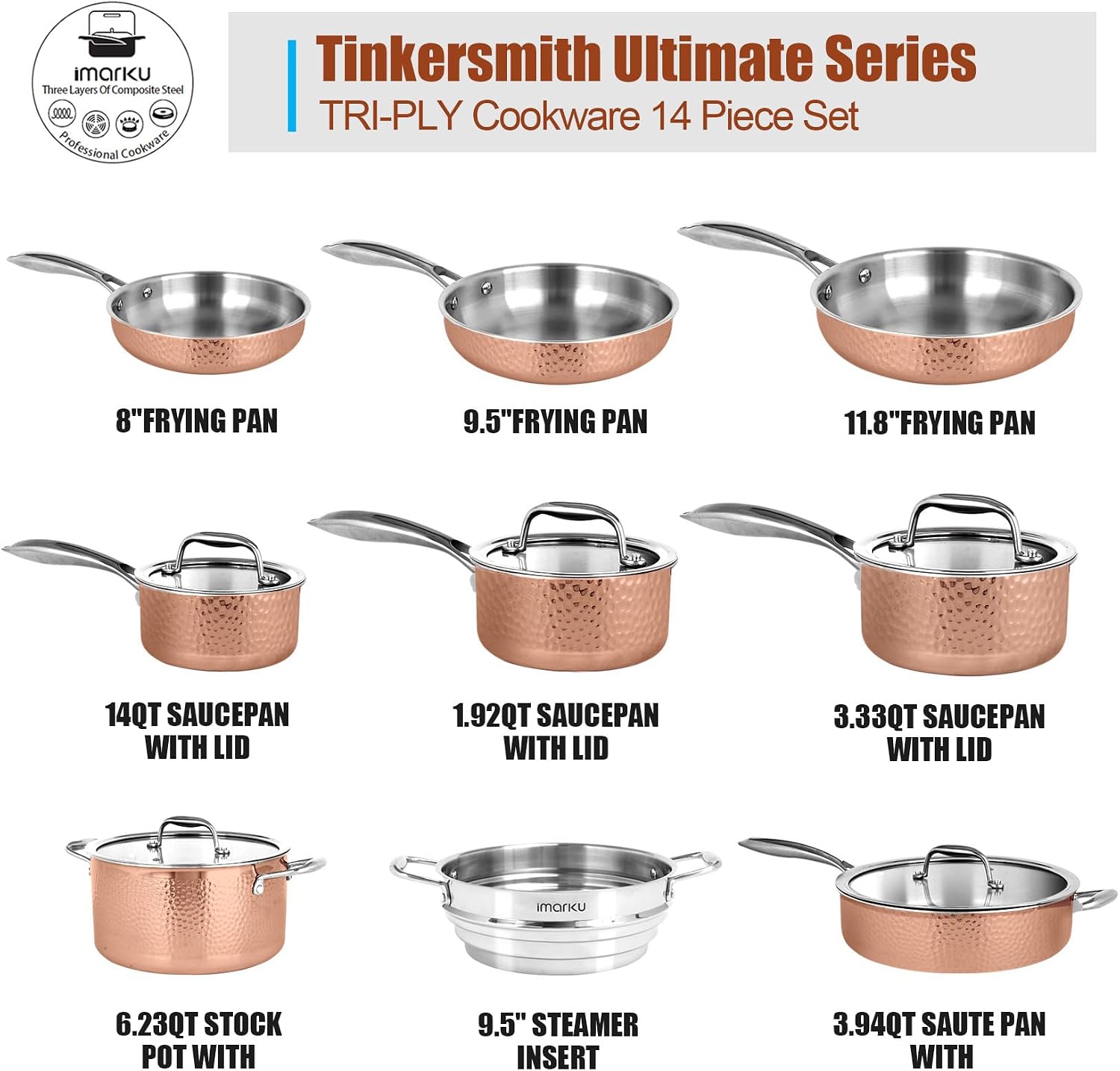 imarku Stainless Steel Pots and Pans Set, 14PCS Kitchen Cookware Sets with Lids, Non-Toxic Tri-Ply Clad Hammered Stainless Steel, Suits Ceramic and Induction, Best Gifts for Women Men