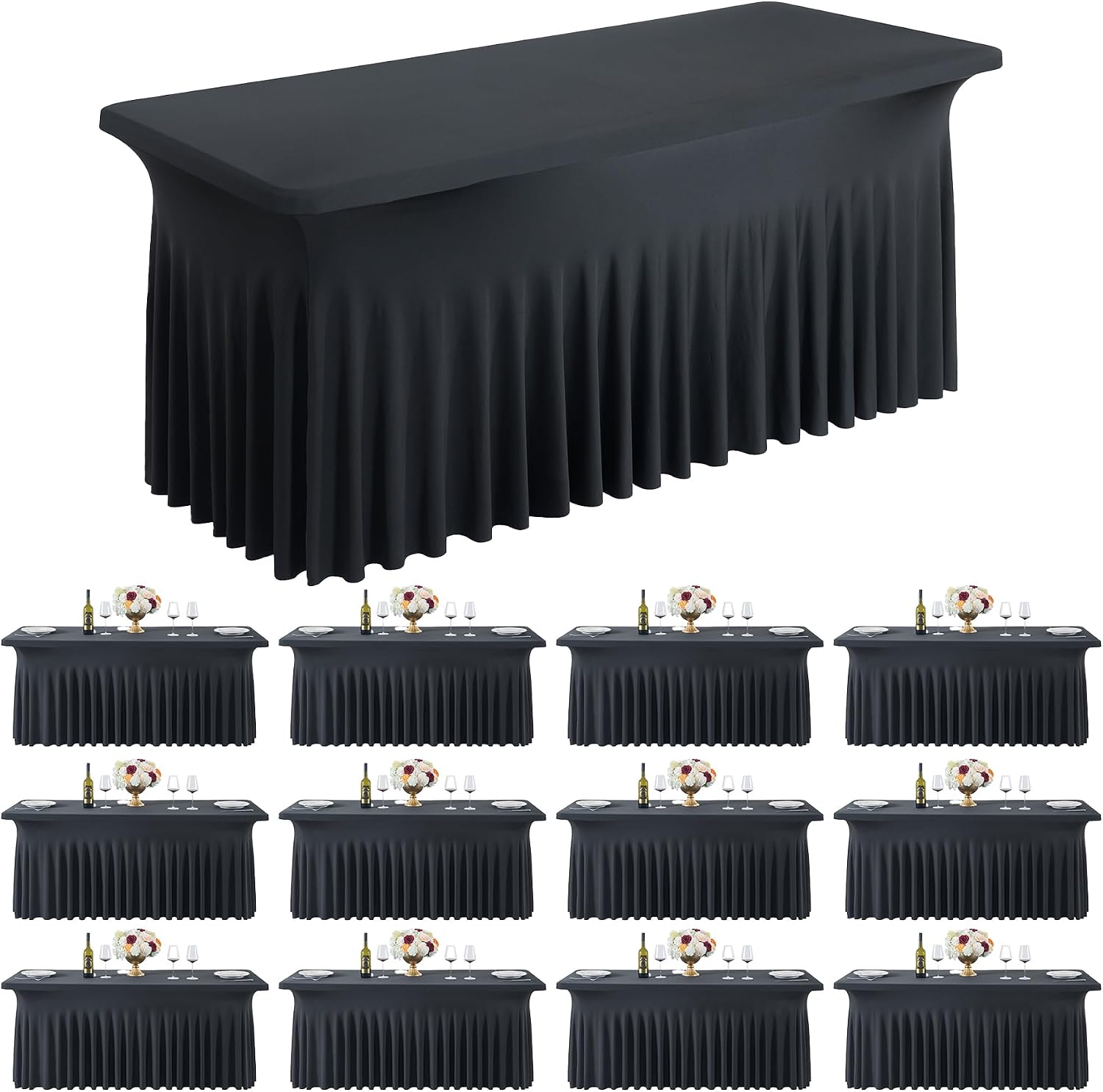 Outpain Black Spandex Table Clothes for 6 Foot Rectangle Tables-12Pack 6FT Spandex Fitted Table Cover, Wrinkle Free Tablecloths with Skirt for Parties, Wedding, Birthday, Banquet, Festival