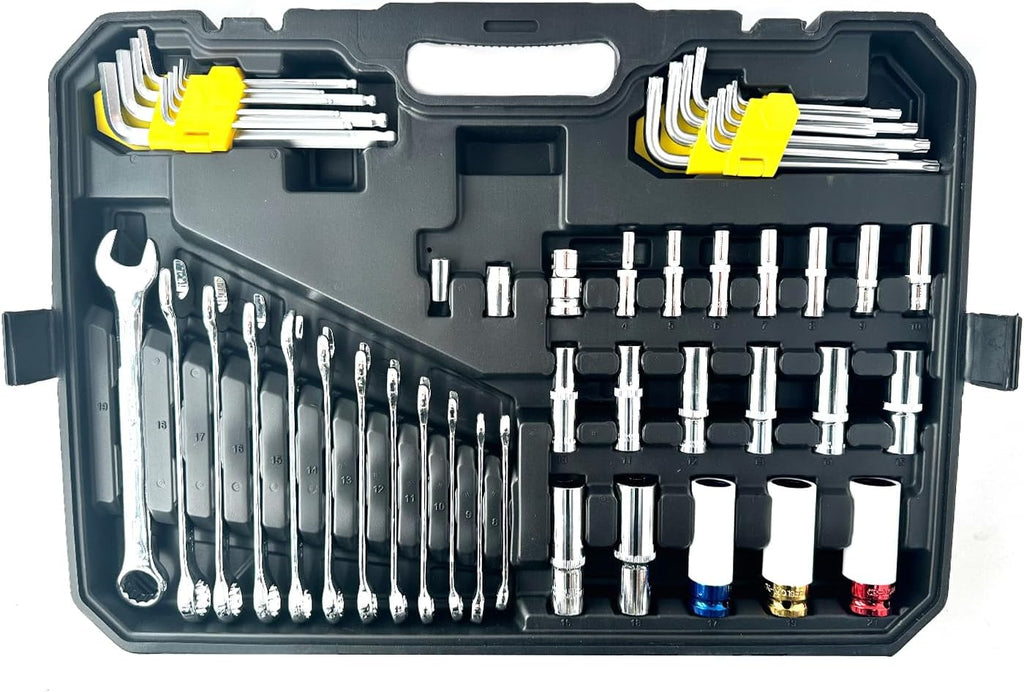 Allen Socket Set and Torx Bit Set, Ratchet Hex Socket Set 3/8', 1/4' and 1/2' Drive Ratchet Set, SAE/Metric Socket Set, S2 Alloy Steel Bits, 222-PCS Automotive Tool Set