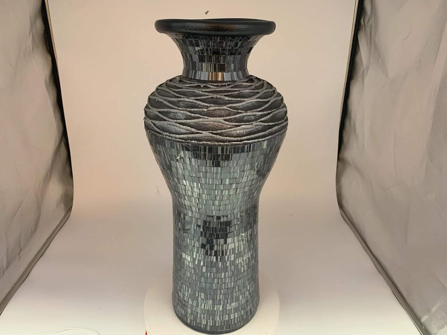 Floor Vase, 24 Inch Mosaic Vase – Tall Cylinder Made of Terracotta with Grey and Black Glass Mosaic Pieces – Handcrafted Decorative Home Décor Accent Piece for Bedroom, Living Room, Office