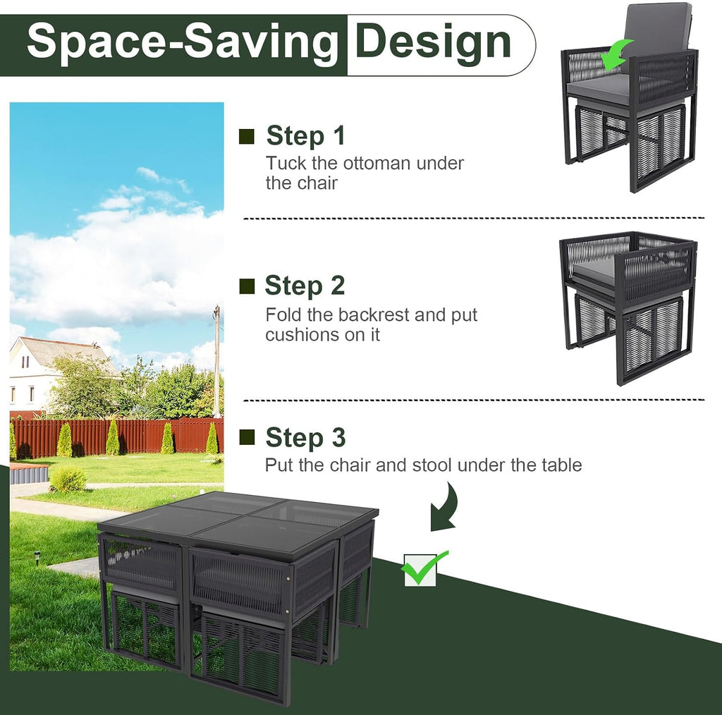 Tangkula 9 Pieces Patio Dining Set, Outdoor Space-Saving Furniture Set with PE Rattan Chairs, Tempered Glass Table and Ottomans, Outdoor Sectional Conversation Set with Cushions for Yard