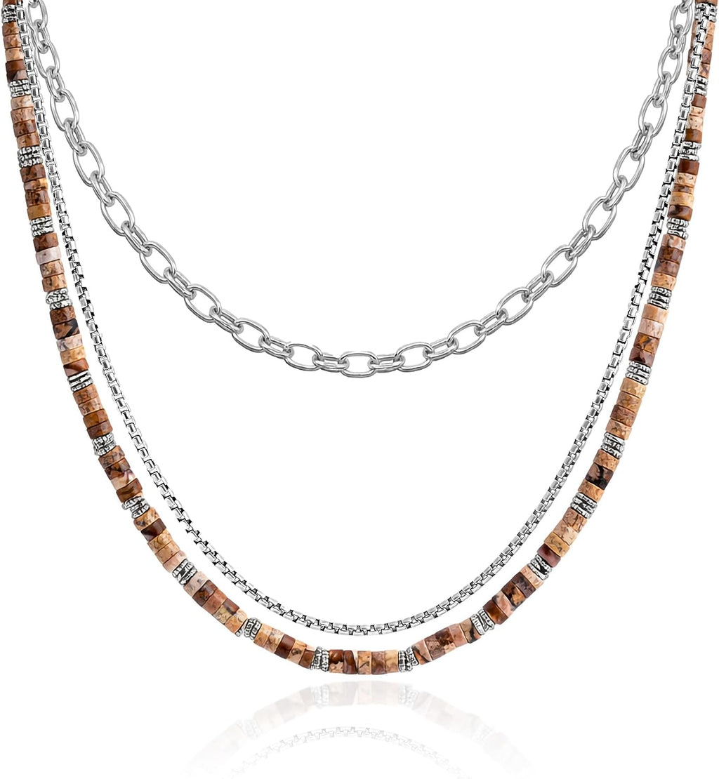 JEAN RACHEL JEWELRY Men's 3-Piece Necklace Layering Set - Hammered Link Chain, Sleek Box Chain & Natural Jasper Stone Beads - Earth Tone Bundle