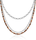 JEAN RACHEL JEWELRY Men's 3-Piece Necklace Layering Set - Hammered Link Chain, Sleek Box Chain & Natural Jasper Stone Beads - Earth Tone Bundle