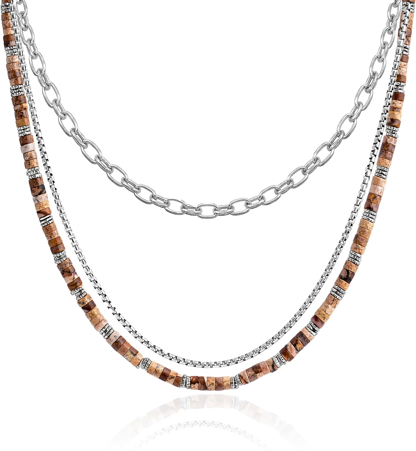 JEAN RACHEL JEWELRY Men's 3-Piece Necklace Layering Set - Hammered Link Chain, Sleek Box Chain & Natural Jasper Stone Beads - Earth Tone Bundle