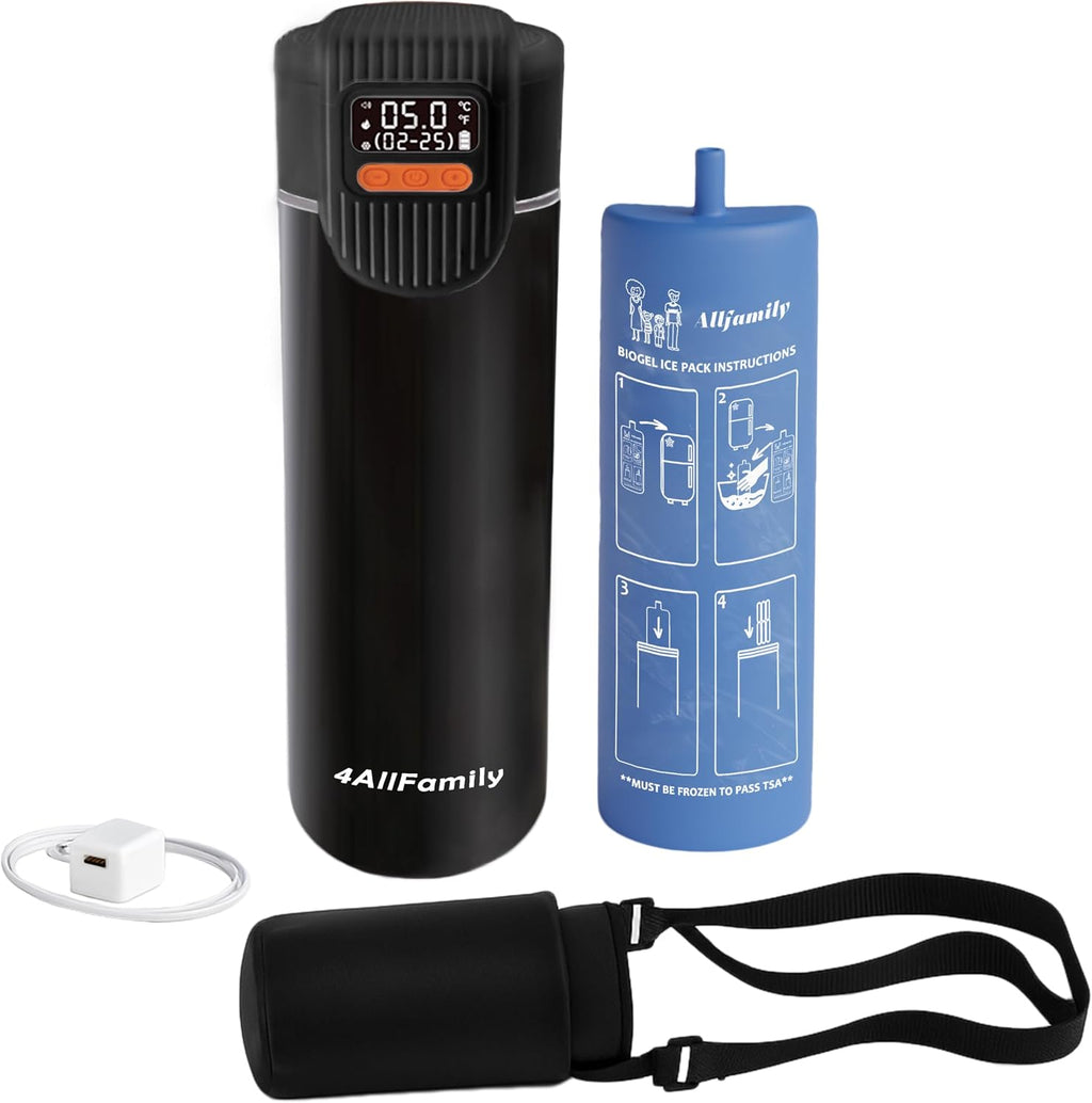4AllFamily Nomad Big PRO Insulin Cooler Travel Case – 52H Medication Cooler for Travel with Digital Temperature Display – Insulin Pen Cold Case with Medicine Bag & Reusable Big Blue Thermo - Black