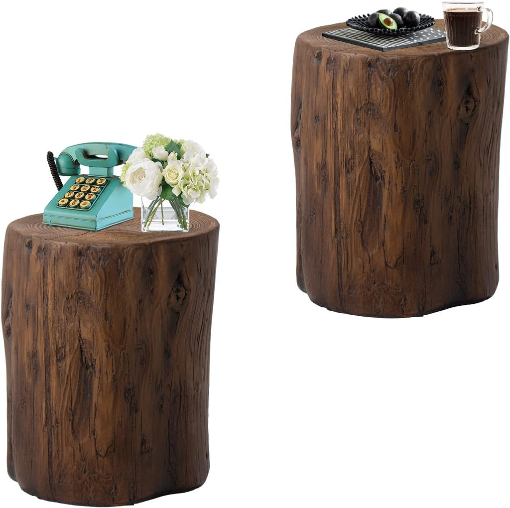 HOMPUS Concrete Outdoor Side Table Set of 2, 2 Piece Tree Stump Modern Round Coffee Table Accent Set Plant Stand Faux Wood End Table Garden Stool for Patio,Home Decor, Living Room, Dark Walnut