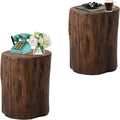 HOMPUS Concrete Outdoor Side Table Set of 2, 2 Piece Tree Stump Modern Round Coffee Table Accent Set Plant Stand Faux Wood End Table Garden Stool for Patio,Home Decor, Living Room, Dark Walnut