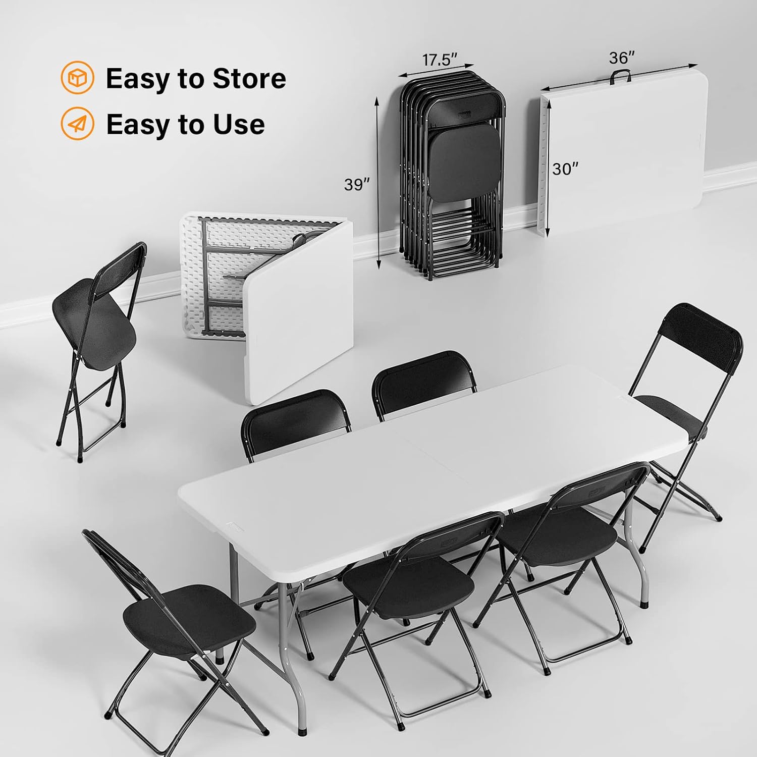 VINGLI 6 FT Plastic Folding Table Set with 6 Black Folding Chairs for Picnic, Event, Training, Outdoor Activities, at Home and Commercial Use