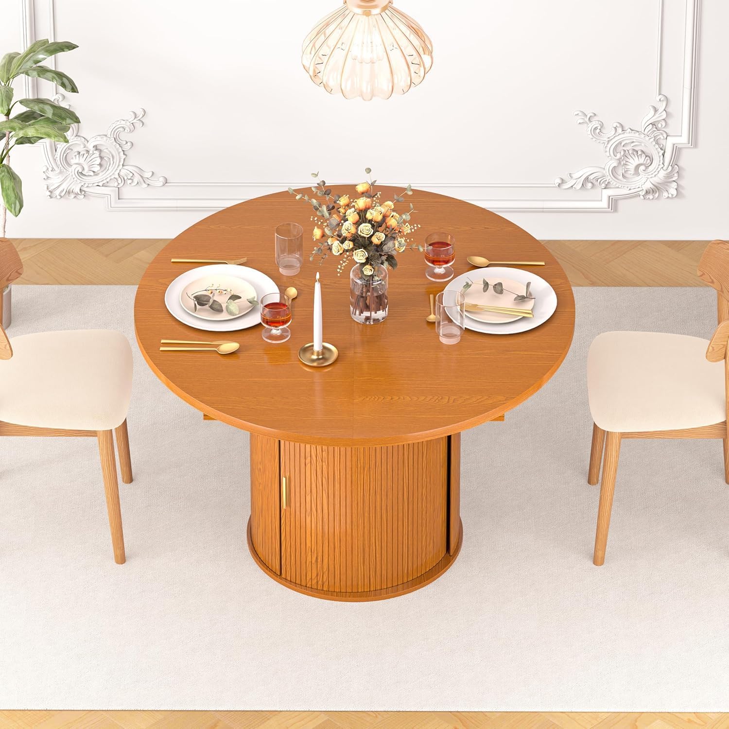 Extendable Round Dining Table: 47″–63″ Kitchen Table for 4 6 8 with Dust-Proof 2-Tier Storage Shelf Space Saving, Modern Farmhouse Expandable Wood Oval Circle Dinner Furniture with Pedestal Base