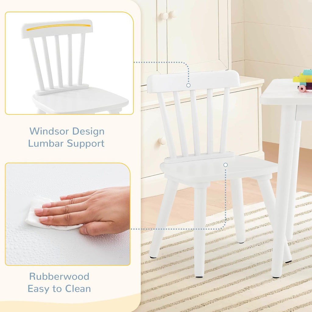 Curipeer Windsor Kids Table and 2 Chair Set, Rubberwood Toddler Table and Chair Set for Art, Play, Craft, Activity, with Non-Slip Legs Round Edge Design, White