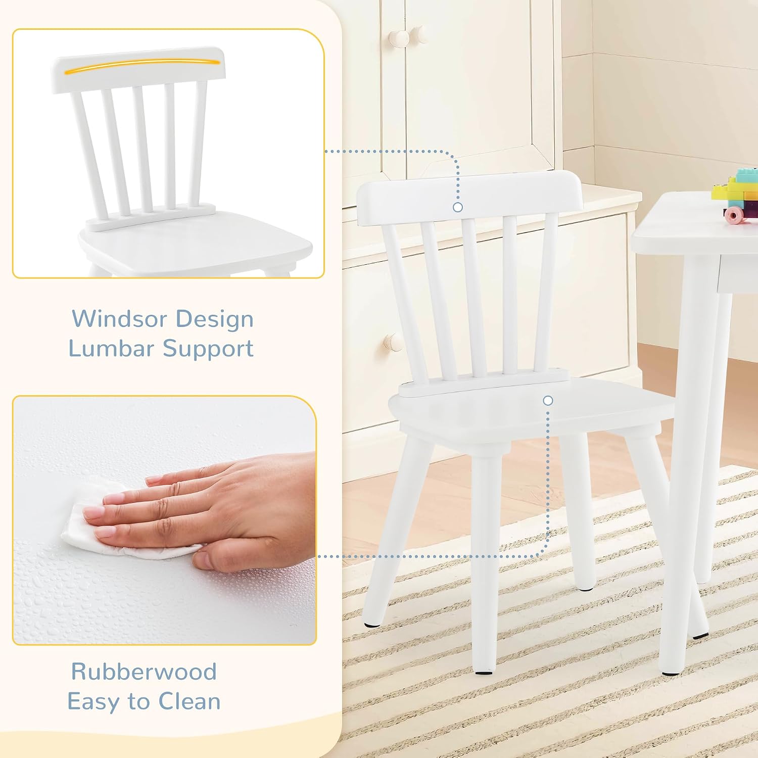 Curipeer Windsor Kids Table and 2 Chair Set, Rubberwood Toddler Table and Chair Set for Art, Play, Craft, Activity, with Non-Slip Legs Round Edge Design, White
