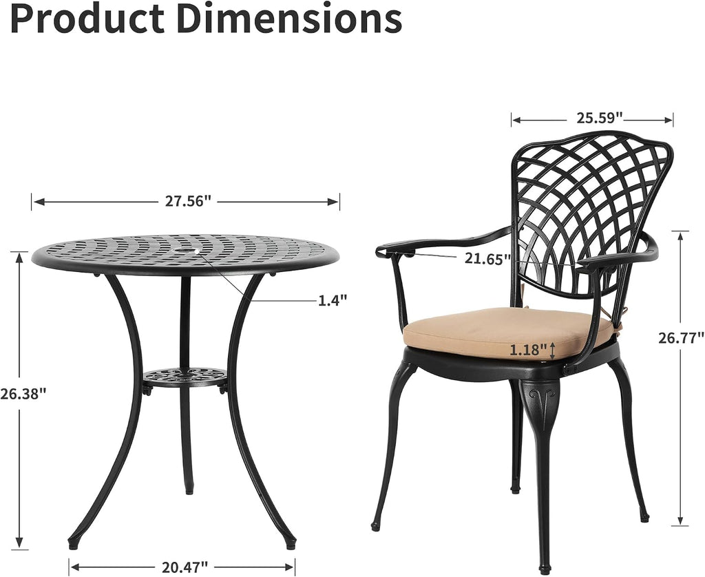 HOMEFUN Thickened Heavy-Duty Cast Aluminum Outdoor 3 Piece Patio Bistro Set of 2 with Armrests & Padded Cushion, Ultra Sturdy Rustproof All-Weather for Garden Balcony， White
