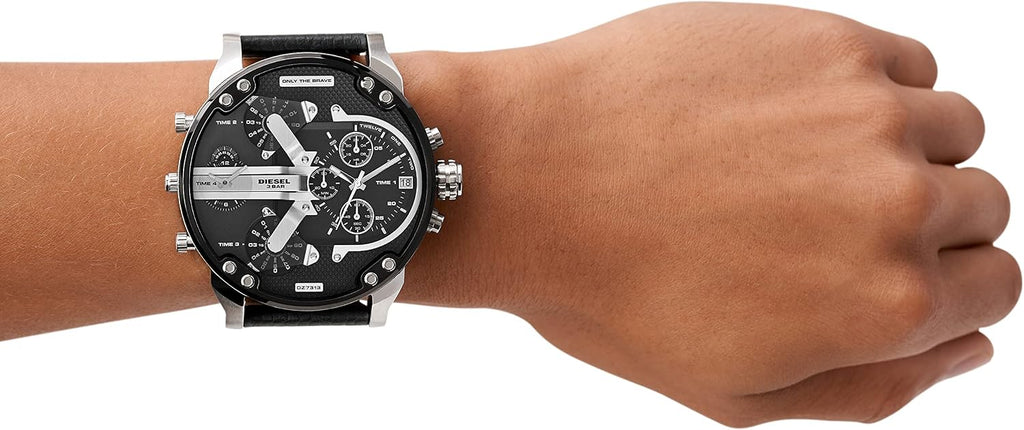Diesel Mr. Daddy 2.0 Men's Watch, Stainless Steel and Leather Chronograph Sports Watch for Men, Color: Black/Silver