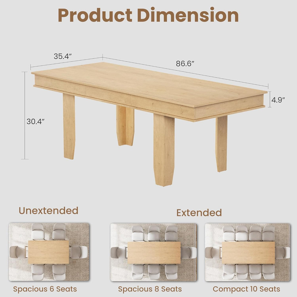 GarveeHome 63 in-86.6 in Extendable Dining Room Table for 6-10, Farmhouse Kitchen Tables w/Wooden Sturdy Frame, Large Rectangular Dinner Table for Dining Room, Kitchen