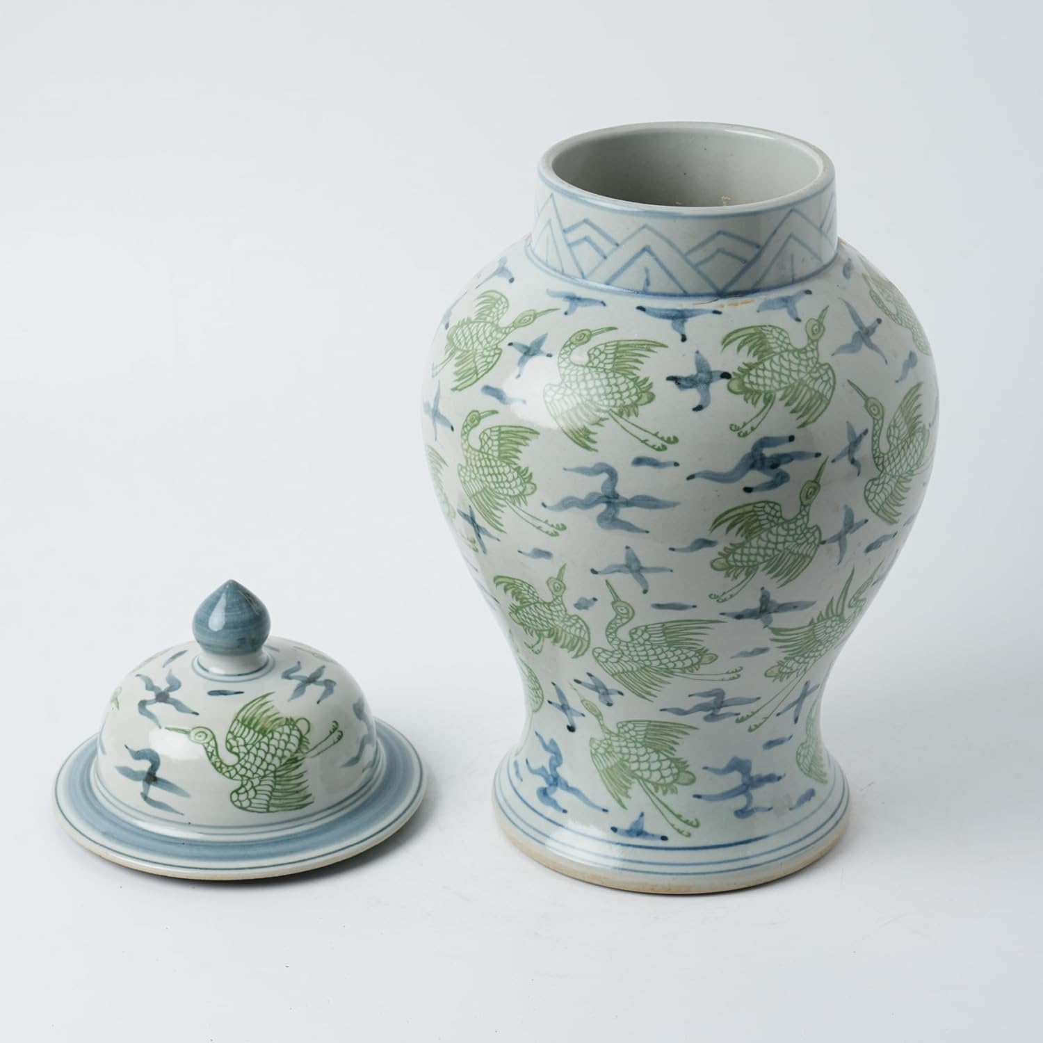 Handmade 41' Ceramic Ginger Jar w/Lid - Classic Chinese Style Porcelain Jar Tea Storage for Home Decor DecorativeTemple Jar Centerpiece Vintage Accent Antique Vase (Green White)