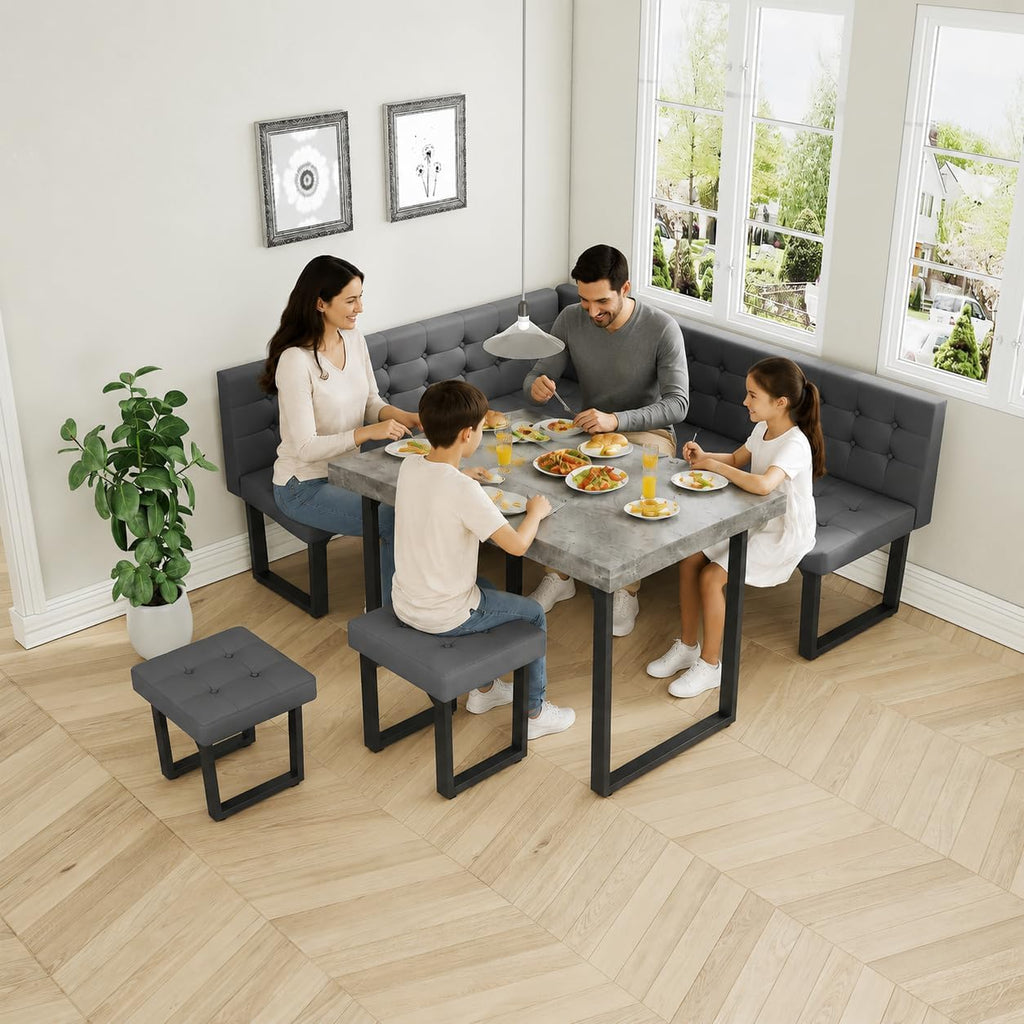 XIAO WEI Corner Dining Table Set for Small Spaces, 72 Inch Breakfast Nook with Storage Banquette, 5 Piece Dining Set with Upholstered Bench, Modern Grey