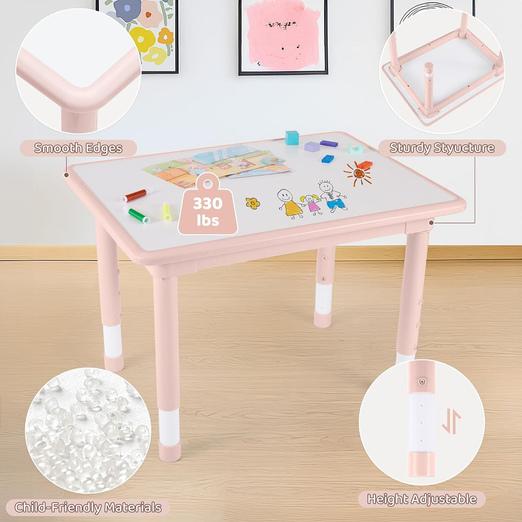 DOREROOM Kids Table and 4 Chairs Set, Height Adjustable (17.7'-26.1') Toddler Table and Chair Set, Multi-Activity Table with Graffiti Desktop, Children's Table and Chairs for Classroom, Home & Daycare