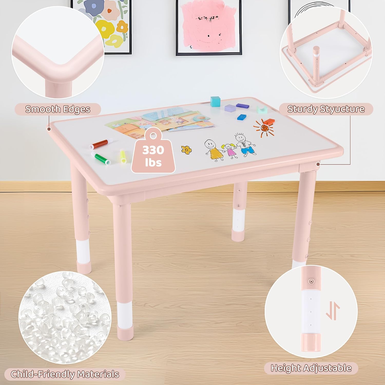 DOREROOM Kids Table and 4 Chairs Set, Height Adjustable (17.7'-26.1') Toddler Table and Chair Set, Multi-Activity Table with Graffiti Desktop, Children's Table and Chairs for Classroom, Home & Daycare