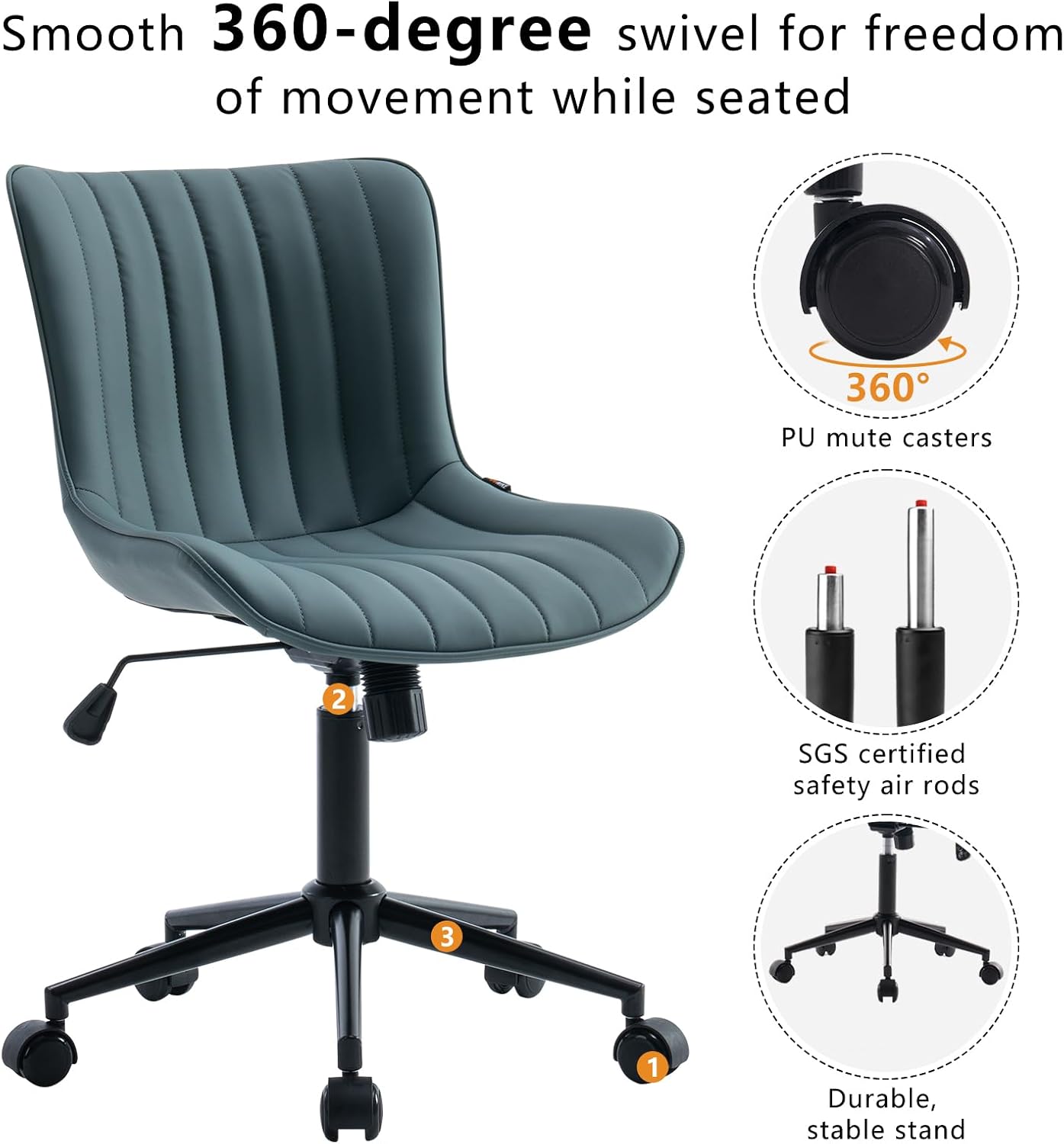 YOUNIKE Ergonomic Armless Office Chair Faux Leather Small Cute Desk Chair with 12° Rocking Back Adjustable Height Swivel Vanity Chair Compact Computer Rolling Task Chair for Small Spaces Greyish Green