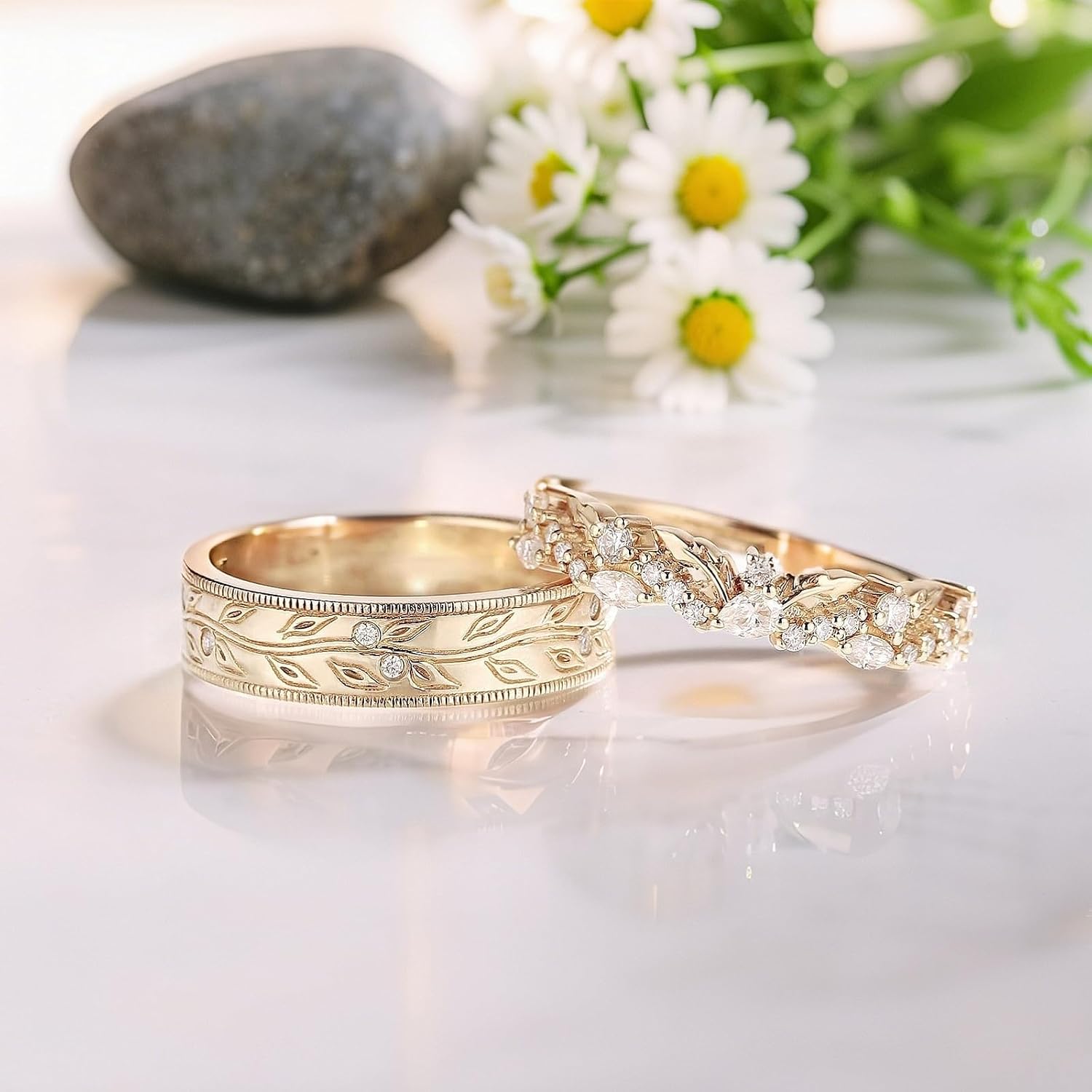SISGEM Moissanite Couple Rings Set, 10K 14K 18K Solid Gold Moissanite Wedding Rings for Him And Her, Vintage Leaf/Branch Wedding Bands Matching Couple Rings Anniversary Jewelry Gift for Women And Men