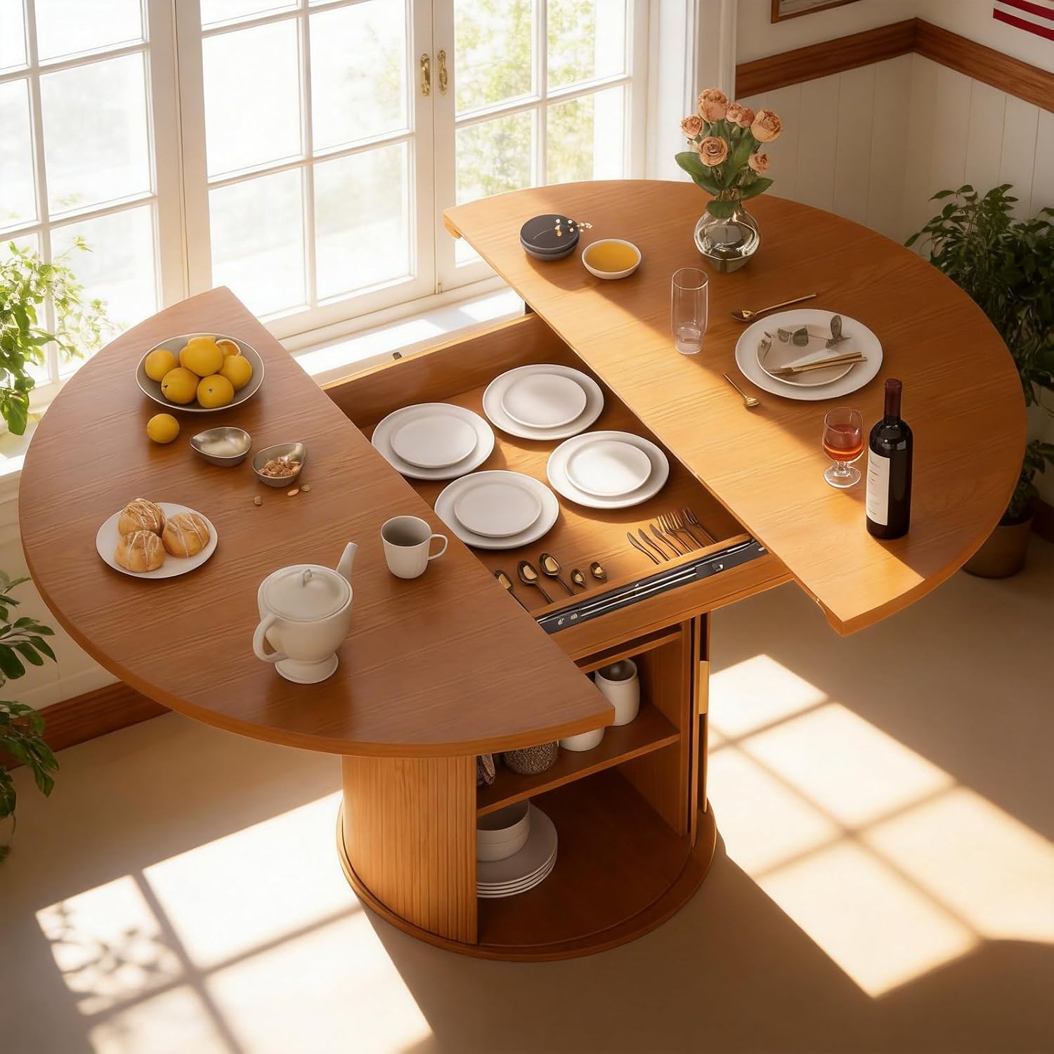 Extendable Round Dining Table: 47″–63″ Kitchen Table for 4 6 8 with Dust-Proof 2-Tier Storage Shelf Space Saving, Modern Farmhouse Expandable Wood Oval Circle Dinner Furniture with Pedestal Base