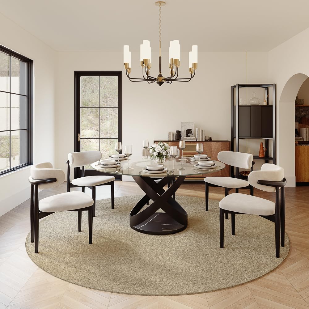 POVISON 59' Modern Round Dining Table, Glass Round Kitchen Table for 6, Glass Dining Room Table Top with Black X Carbon Steel Base for Dining Room (Dining Table Only)