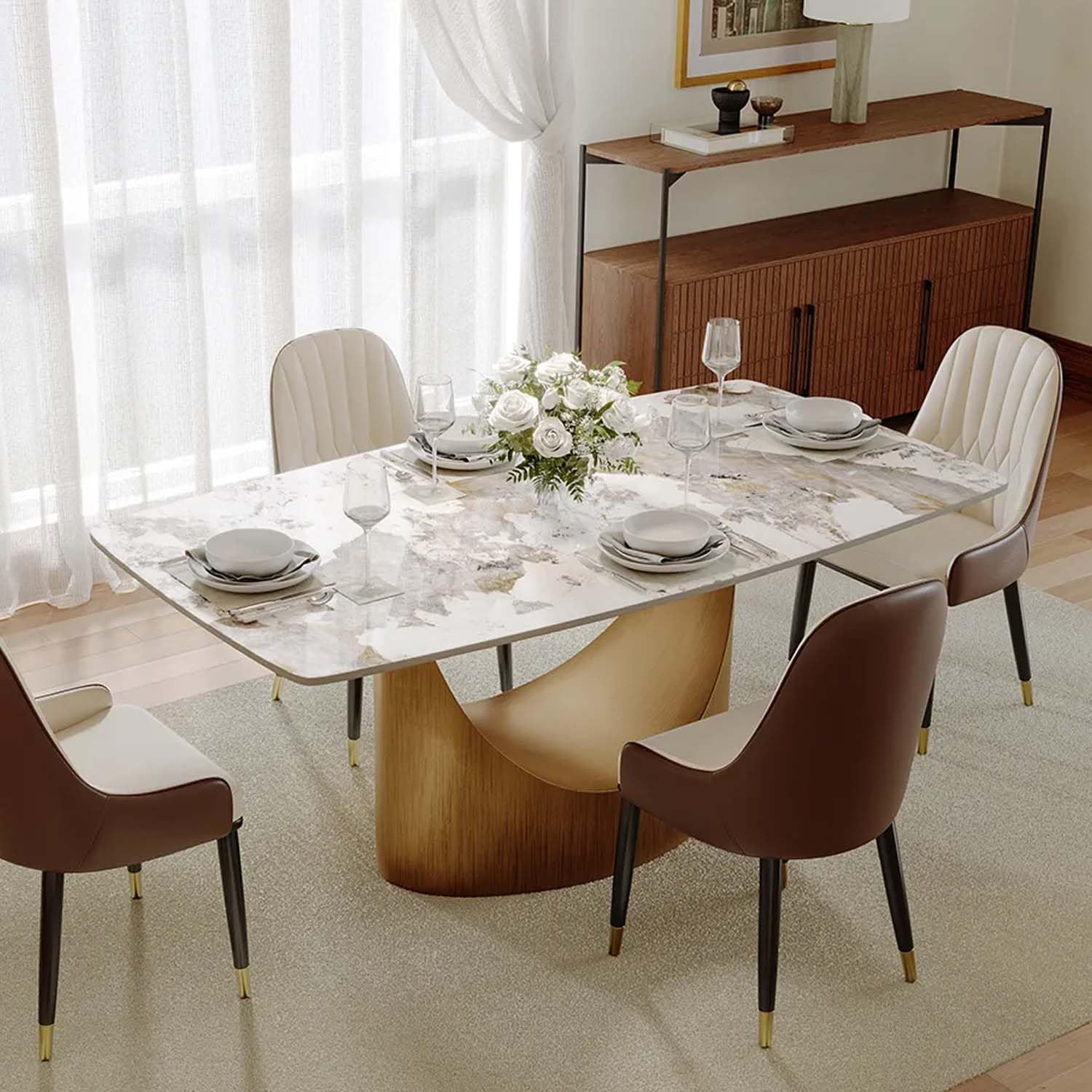 POVISON 63' Hobart Dining Table for 4, Rectangular Dining Table, Glossy Pandora Sintered Stone Tabletop with Bronze Carbon Steel Base for Dining Room (Table Only)