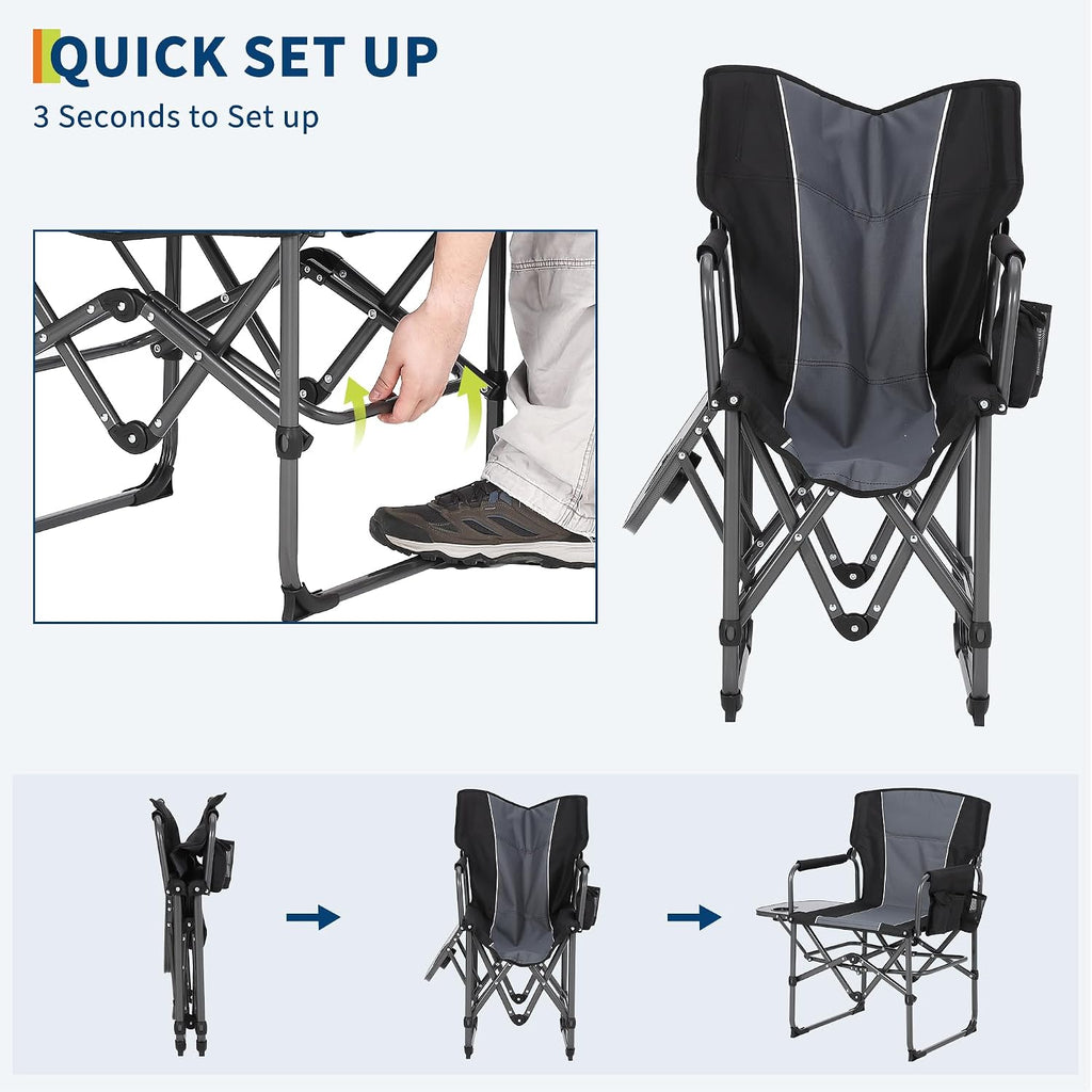 Garvee Oversized Directors Chair, Portable Folding Camping Chair for Adults Support 400 lbs, Heavy Duty Lawn Chair with Side Table, for Camping, Sports, Picnic, Beach, Fishing (Black, 2 PC)