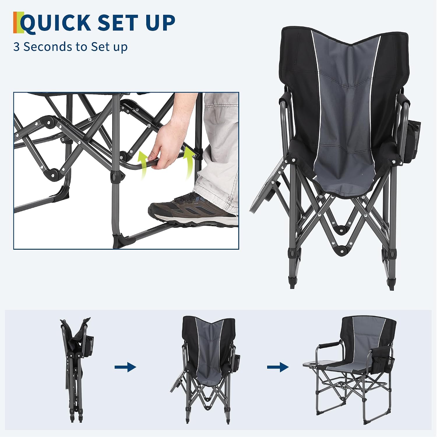 Garvee Oversized Directors Chair, Portable Folding Camping Chair for Adults Support 400 lbs, Heavy Duty Lawn Chair with Side Table, for Camping, Sports, Picnic, Beach, Fishing (Black, 2 PC)