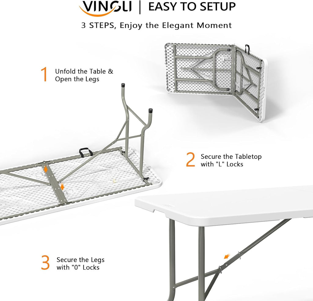 VINGLI 6-Foot Portable Plastic Folding Table,Rectangular HDPE Tabletop Foling Table for Indoor and Outdoor Use with Carrying Handle,White 10 Pack