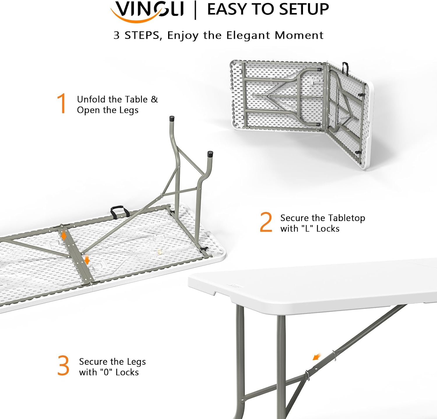 VINGLI 6-Foot Portable Plastic Folding Table,Rectangular HDPE Tabletop Foling Table for Indoor and Outdoor Use with Carrying Handle,White 100 Pack