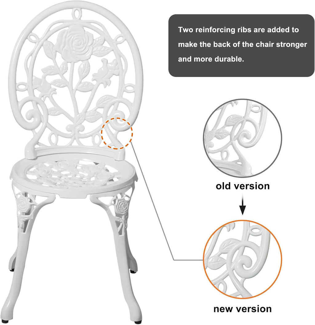 HOMEFUN Bistro Table and Chairs Set of 2 Outdoor 3 Piece Patio Set, Rose Pattern Cast Aluminum Bistro for Garden Balcony, Durable Rust All-Weather Resistance, Rose White