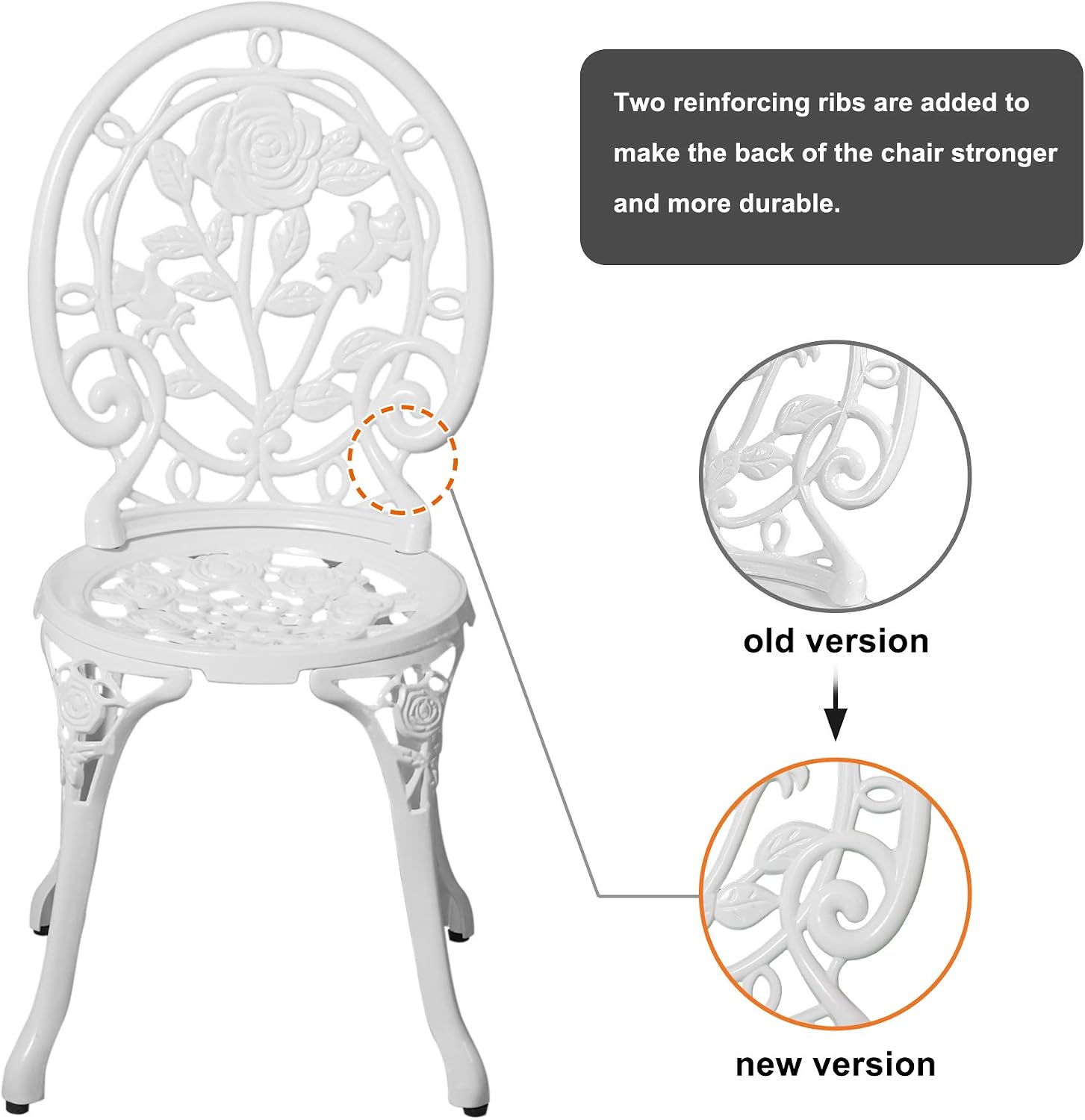 HOMEFUN Bistro Table and Chairs Set of 2 Outdoor 3 Piece Patio Set, Rose Pattern Cast Aluminum Bistro for Garden Balcony, Durable Rust All-Weather Resistance, Rose White