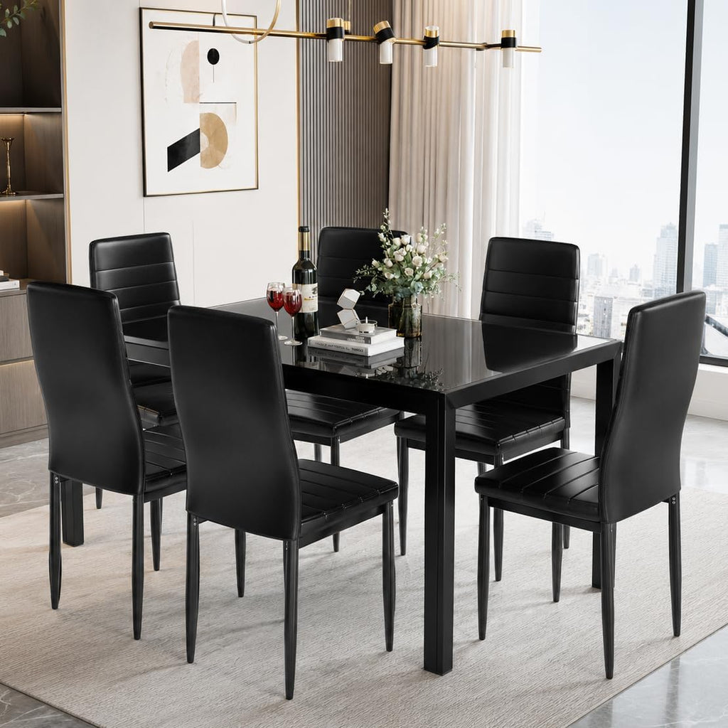 Recaceik 7 Piece Dining Table Set for 6, Tempered Glass Kitchen Table and PU Leather Chairs, Modern Dining Room Table Set for Small Space, Apartment