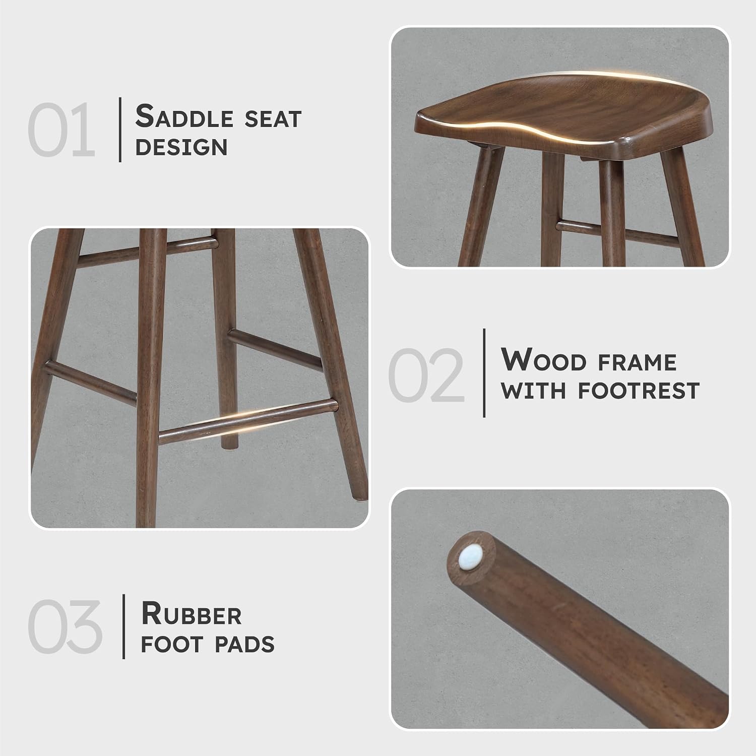 Lexicon Counter Height Stools Set of 2, Sturdy Acacia Wood Frame Saddle Seat Bar Chairs, Rustic Backless Kitchen Island Seating for Dining Room, Home Bar, Breakfast Nook, Brown