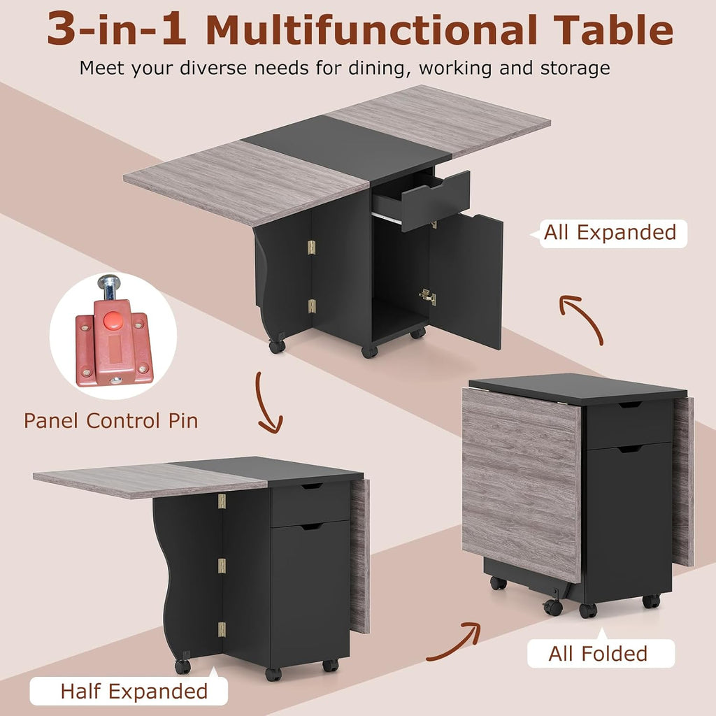 Giantex 3-in-1 Folding Dining Table for 4-6, 69-Inches Drop Leaf Kitchen Table with 2 Drawers and 2 Cabinets, Lockable Wheels, Foldable Dinner Tables for Small Spaces, Dinette (Black+Oak)