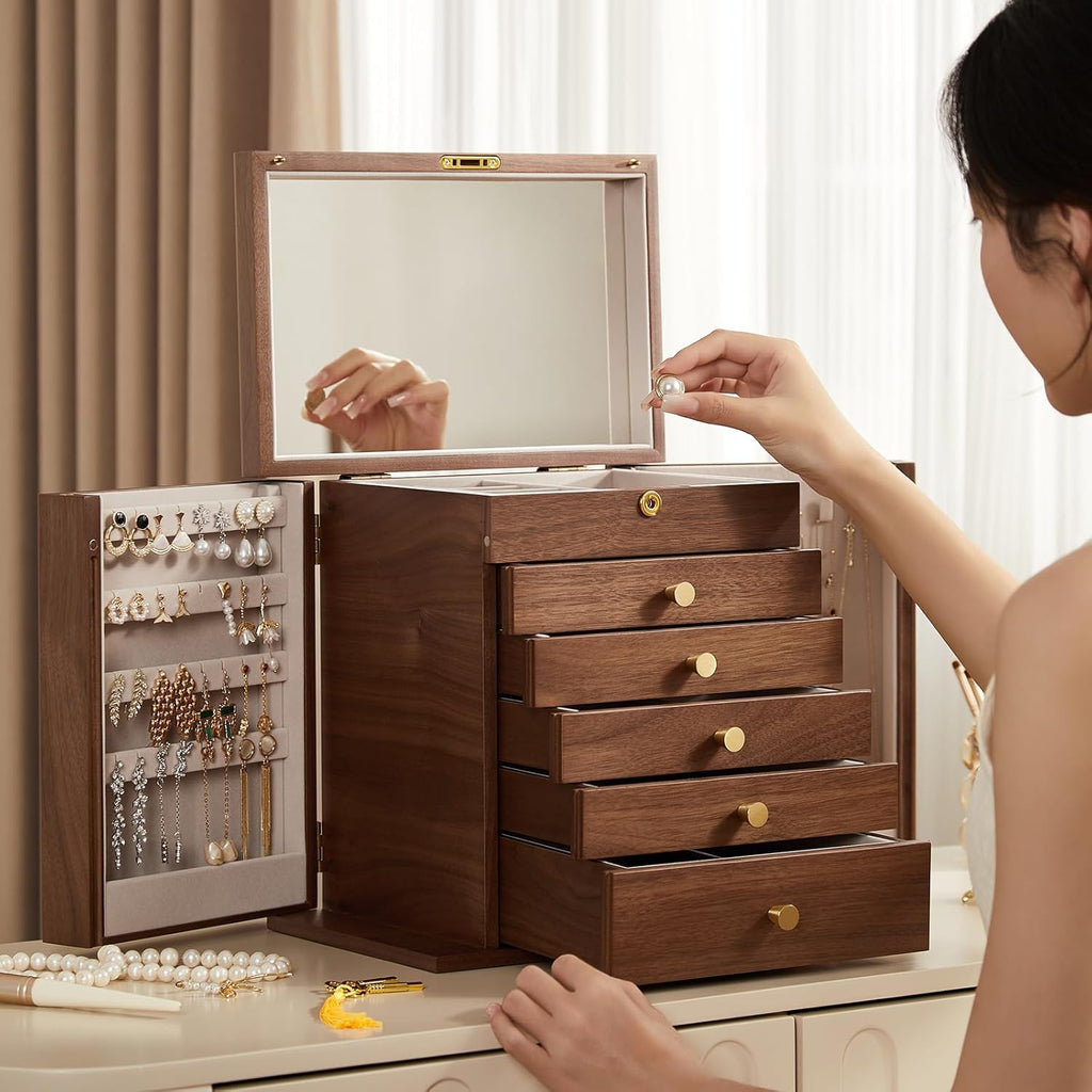 Black Walnut Wooden Jewelry Box, Wood Jewelry Organizer with 2 Side Doors Mirror Lockable Classical Style for Watch Necklace Ring Earring Storage, Ideal Gift-6 Layer