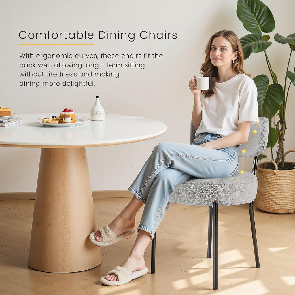 DUMOS Dining Chairs Set of 6, Mid Century Modern Chair Round Upholstered Curved Backrest, Kitchen Vanity Living Room Chairs with Black Metal Legs，Light Grey