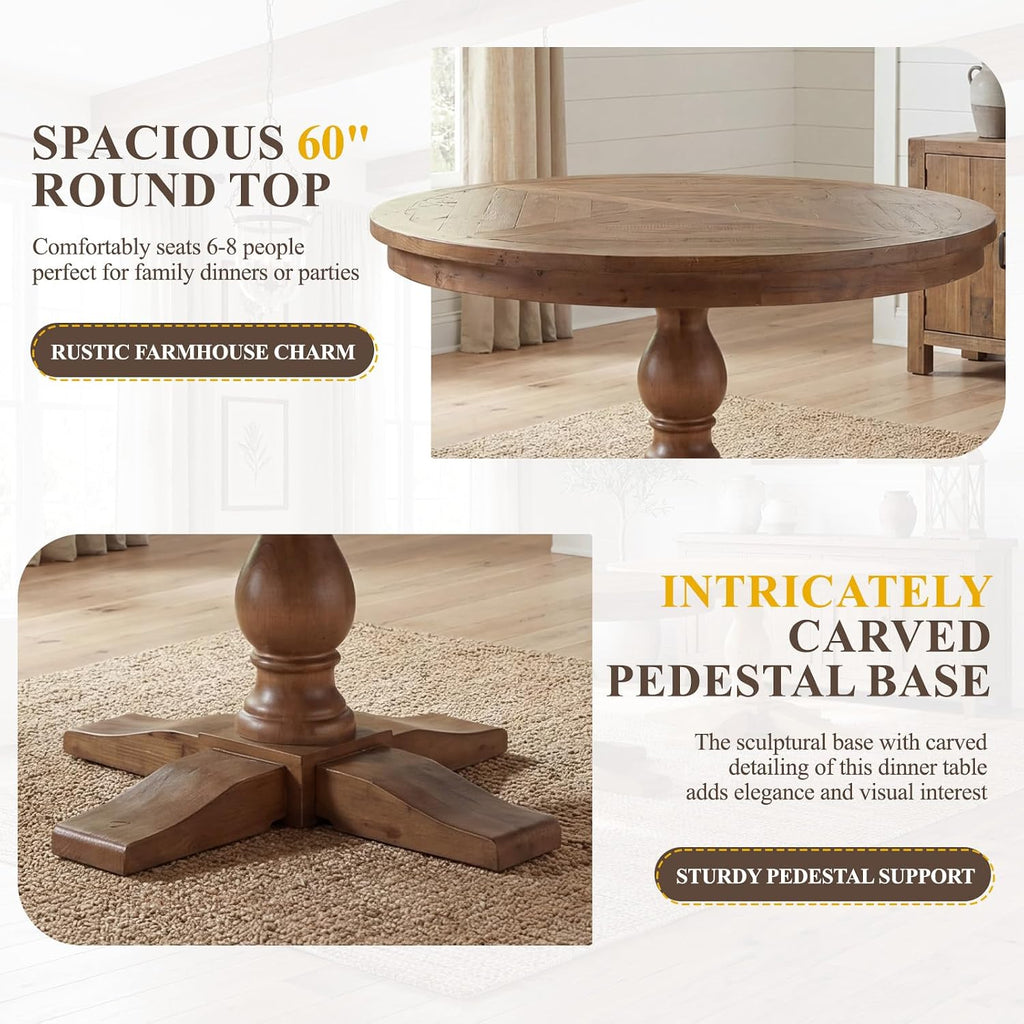 60' Round Dining Table, Reclaimed Wood Kitchen Table for 6-8, Farmhouse Circle Kitchen Table with Pedestal Curved Leg for Kitchen Dining Room Restaurant - Walnut