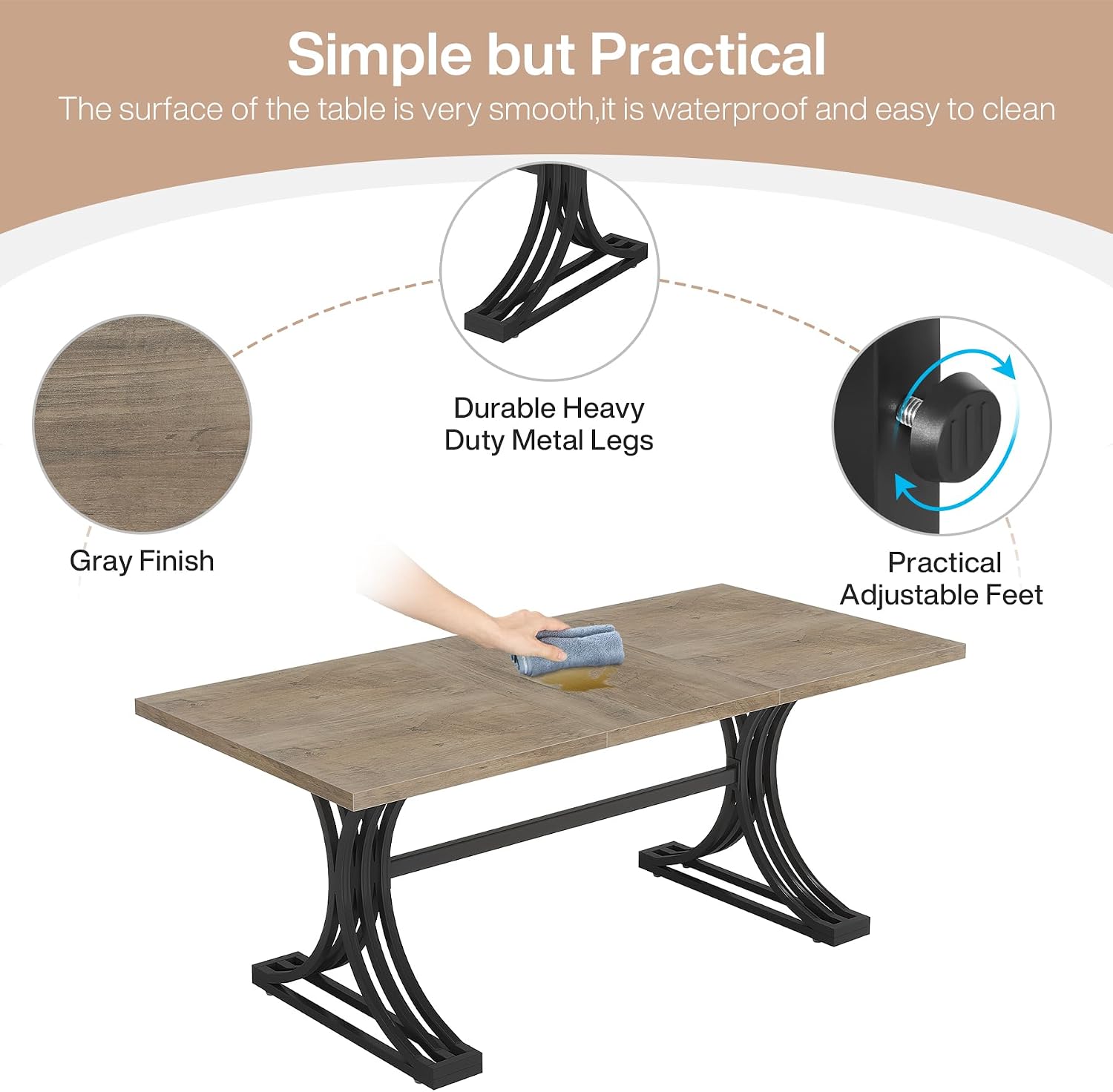 Tribesigns 63-Inch Rectangular Dining Table for 4 to 6, Modern Kitchen Tables with Stylish Metal Trestle Legs, Large Dinner Table for Dining Room, Only Table (Grey+Black)