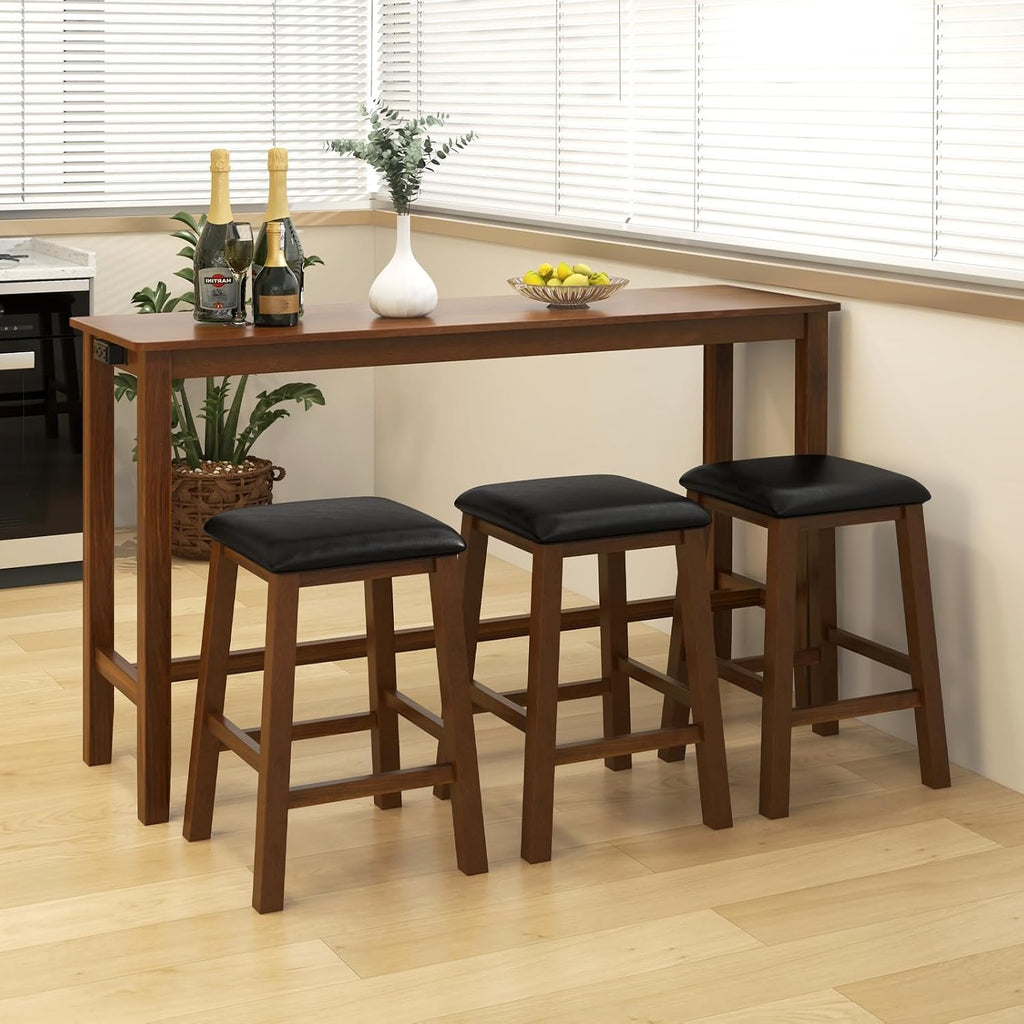 Tangkula 4-Piece Bar Table with Stools, Wooden Dining Bar Table & Chairs Set w/Power Outet, Kitchen Console Table w/ 3 Upholstered Stools for Living Room, Dining Room (Walnut Brown)