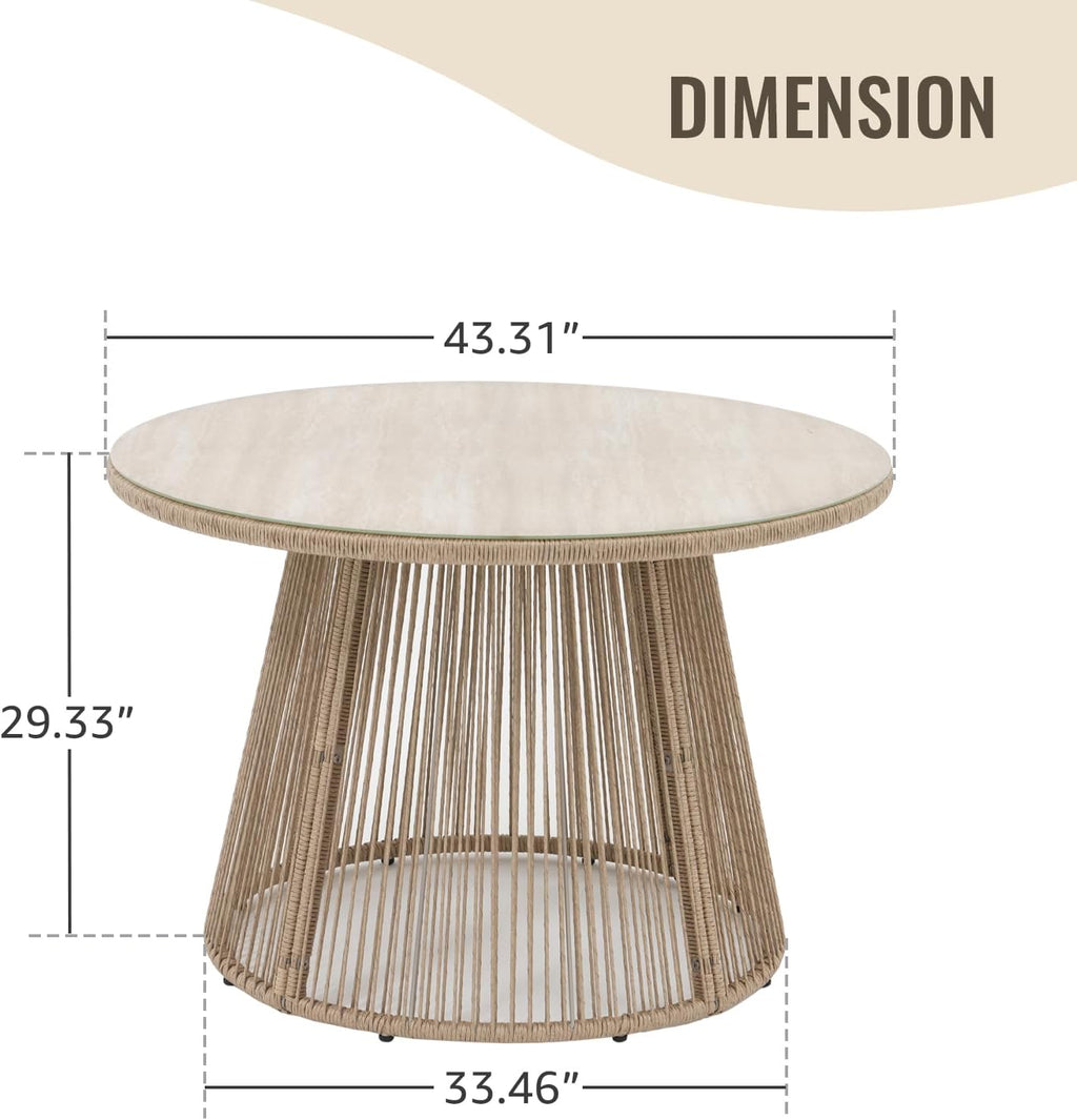 SUNSITT 43' Outdoor Dining Table, Patio Round Table for 4, Modern Patio Dining Table w/Beige Rattan Design, Tempered Glass Top w/Ceramic Coating, Metal Frame Outdoor Table for Garden Backyard Lawn